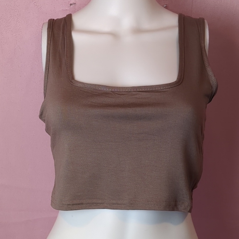 PrettyLittleThing Basic Taupe Jersey Square Neck Cropped Tank Top size 8